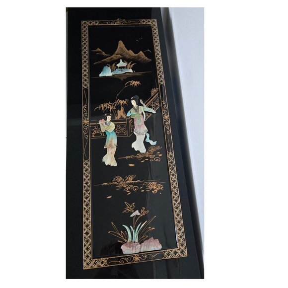 Vintage Asian Wall Art Panel Set – Lacquer & Mother of Pearl Geisha Decor - Picture 3 of 16